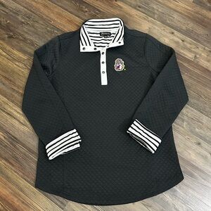 Dark Grey Quilted Embroidered JMU Dukes Polo Sweatshirt with Striped Trim